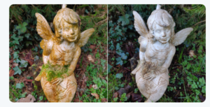 Before and after of a statue that Moss Off was used on.